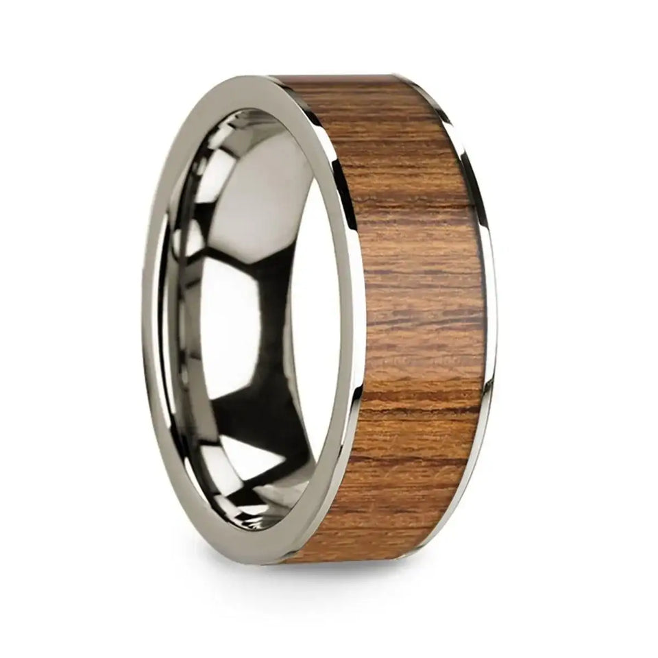 Polished 14k White Gold Men’s Wedding Band with Teak Wood Inlay - 8mm - Larson Jewelers