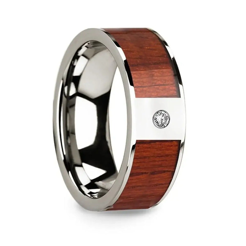Men’s 14k White Gold Polished Wedding Ring with Padauk Wood Inlay & Diamond - 8mm - Larson Jewelers