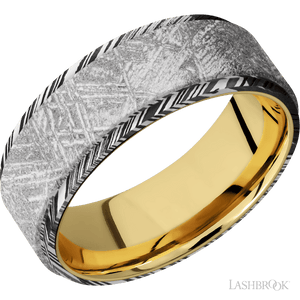Woodgrain with Acid Finish and Meteorite Inlay and 14K Yellow Gold - 8MM - Larson Jewelers