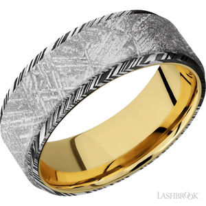 Woodgrain with Acid Finish and Meteorite Inlay and 14K Yellow Gold - 8MM - Larson Jewelers