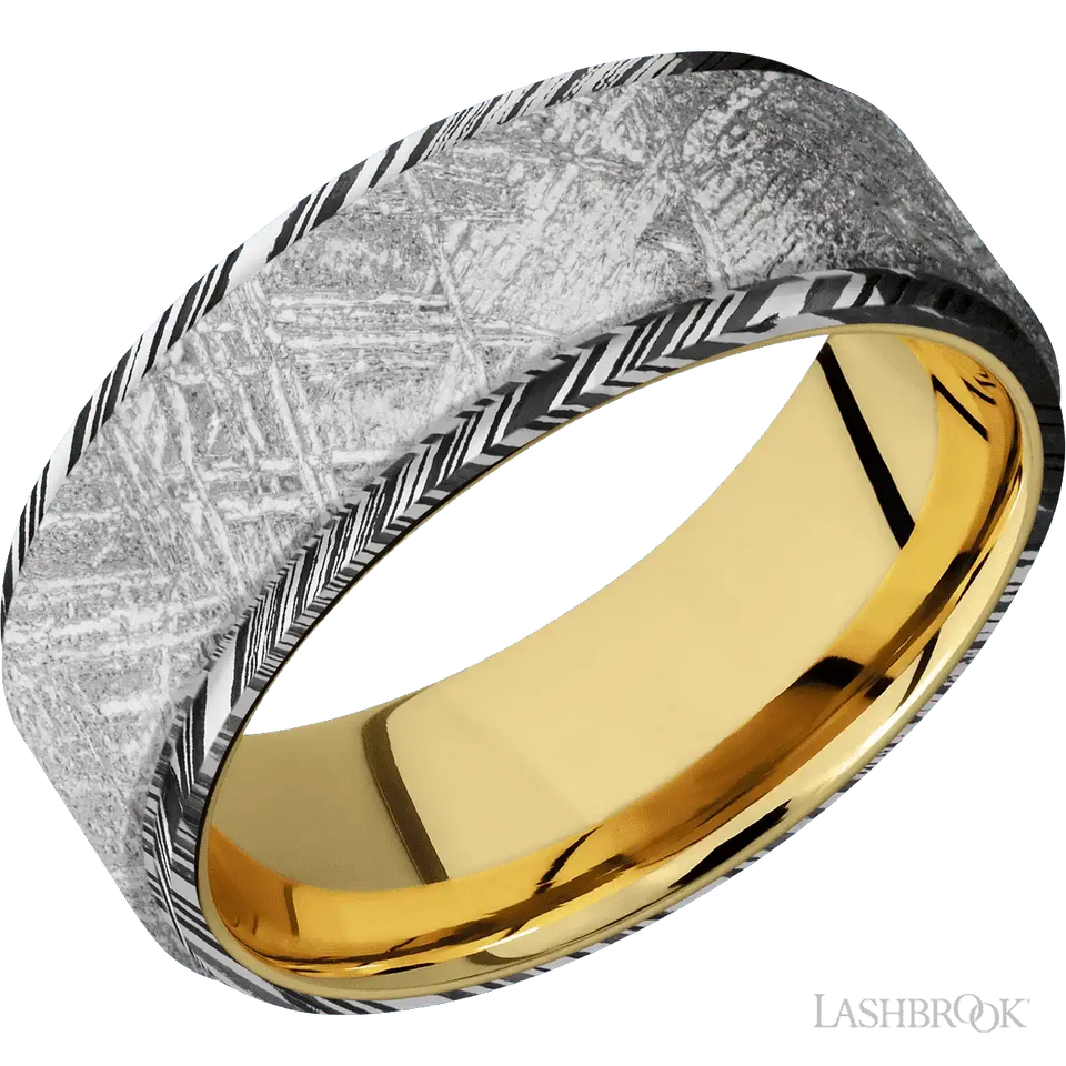 Woodgrain with Acid Finish and Meteorite Inlay and 14K Yellow Gold - 8MM - Larson Jewelers