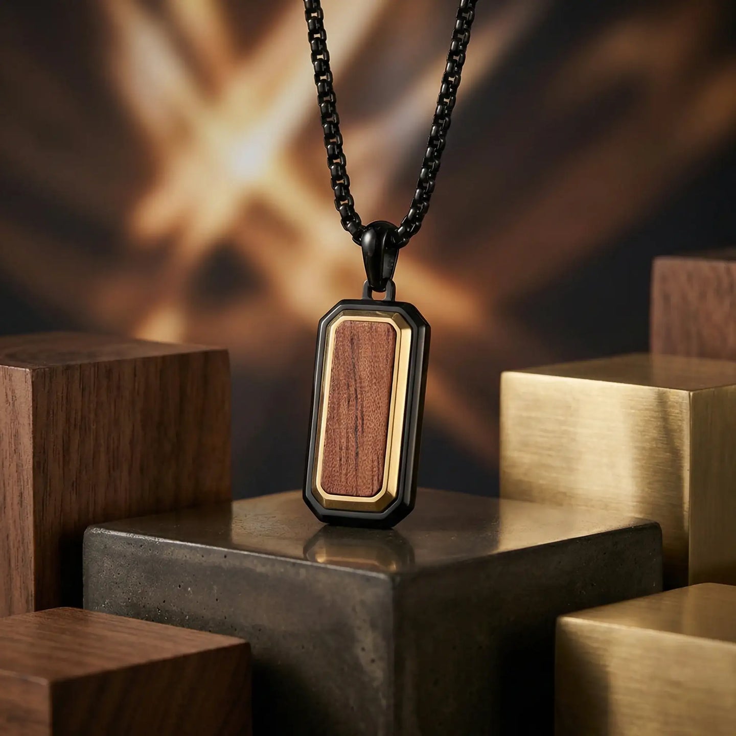 Black Stainless Steel Pendant with Bubinga Wood Inlay and 22-inch Matching Chain - Larson Jewelers