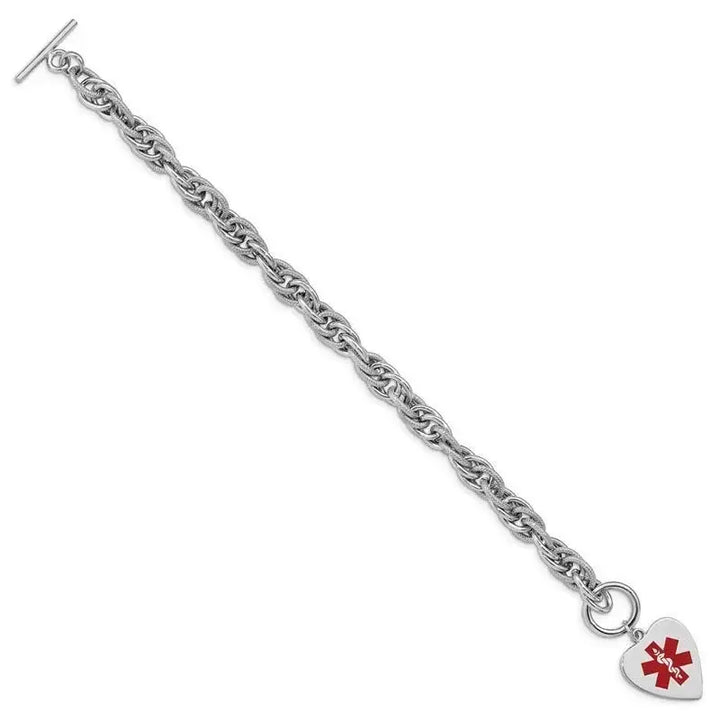 Sterling Silver Rhodium Engraveable Enamel Heart Medical ID Bracelet - Larson Jewelers