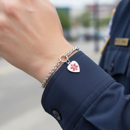 Sterling Silver RH-pltd Engraveable Enamel Heart Medical ID Bracelet - Larson Jewelers