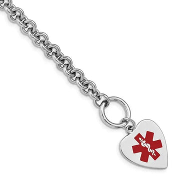 Sterling Silver RH-pltd Engraveable Enamel Heart Medical ID Bracelet - Larson Jewelers