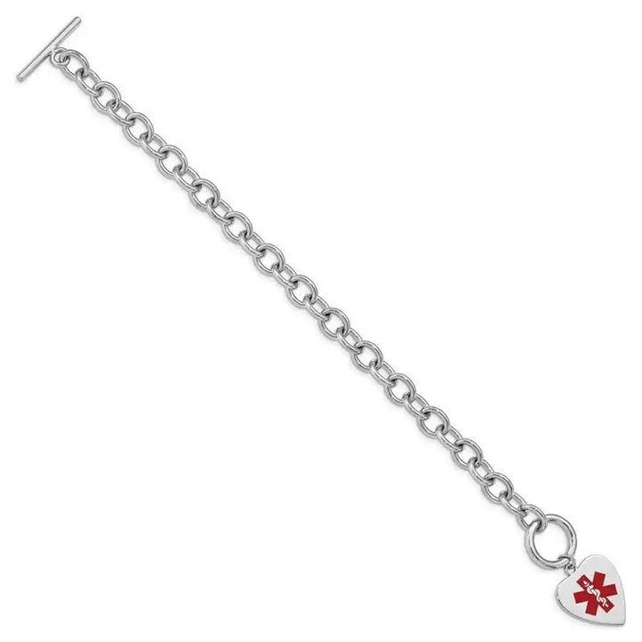 Sterling Silver Rhodium Engraveable Enamel Heart Medical ID Bracelet - Larson Jewelers