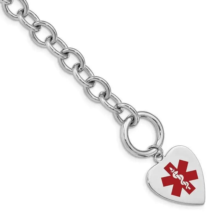 Sterling Silver Rhodium Engraveable Enamel Heart Medical ID Bracelet - Larson Jewelers
