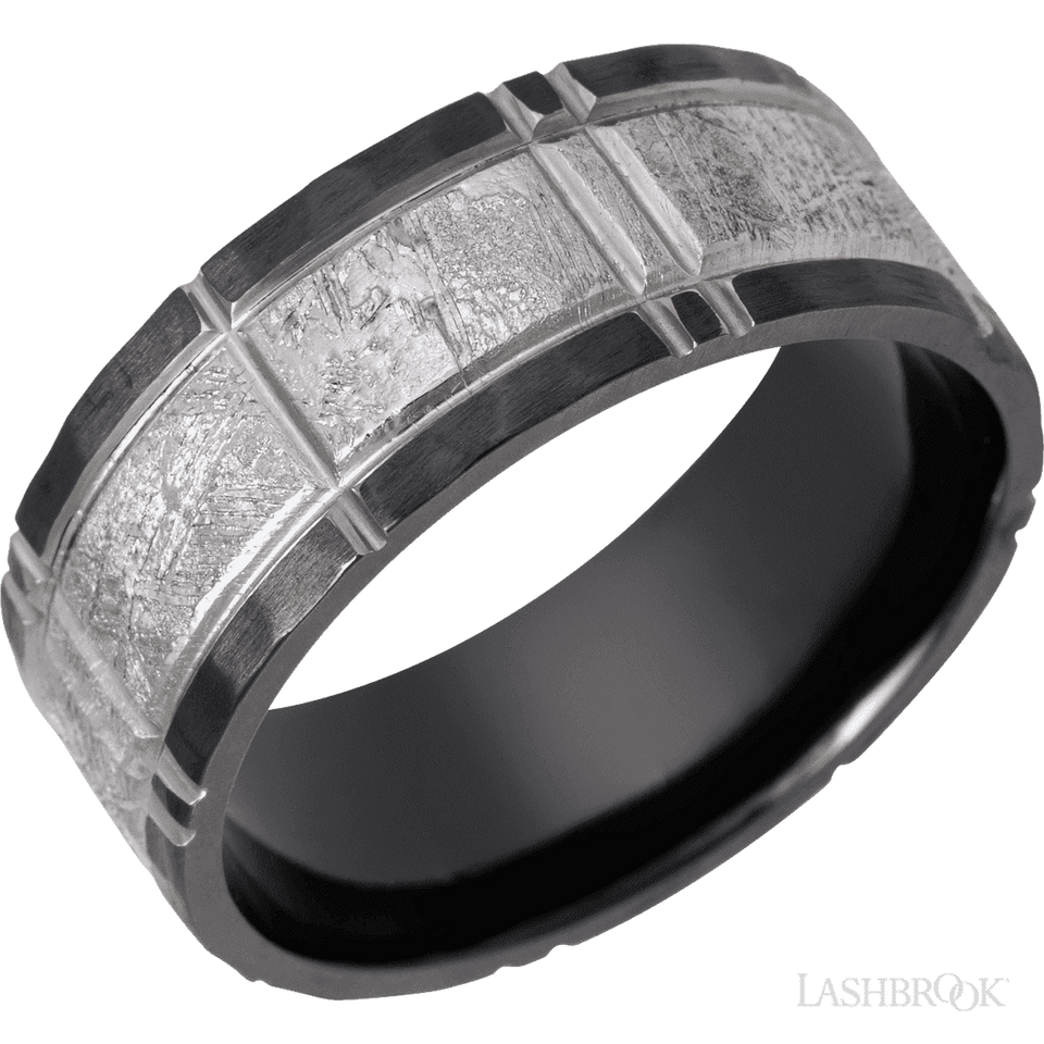 Black Zirconium flat band with a meteorite inlay with a segmented pattern - 8MM - Larson Jewelers