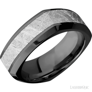 Black Zirconium beveled square band with a meteorite inlay - 8MM - Larson Jewelers