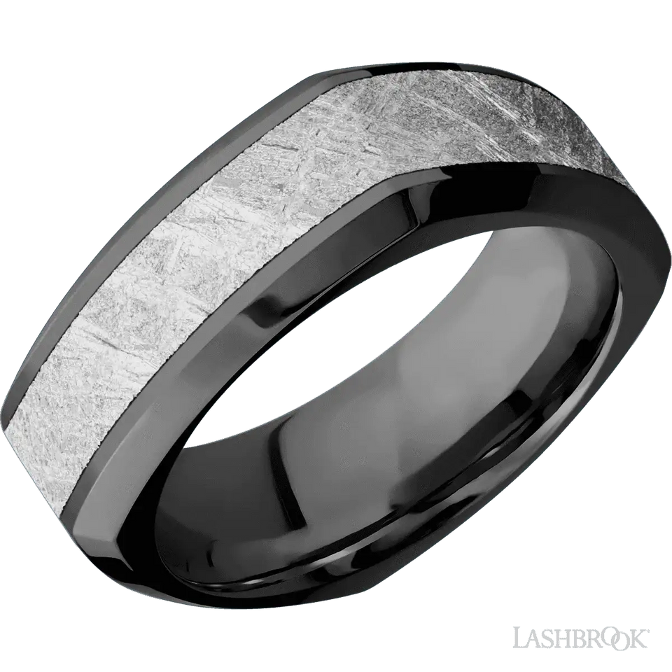 Black Zirconium beveled square band with a meteorite inlay - 8MM - Larson Jewelers