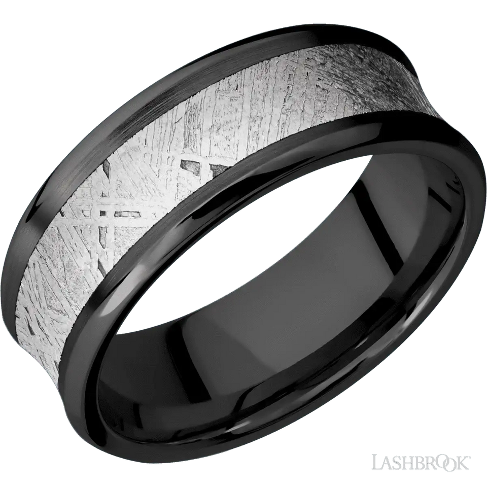 Concave Bevel Zirconium Band with Satin , Polish Finish and Meteorite Inlay - 8MM - Larson Jewelers