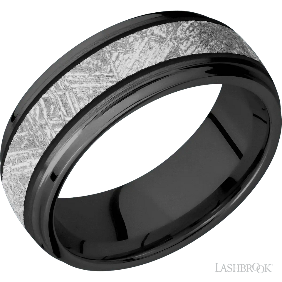 Zirconium Band with Satin , Polish Finish and Meteorite Inlay - 8MM - Larson Jewelers