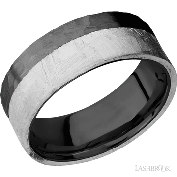 Black Zirconium flat band with an edge meteorite inlay Hammered Finish- 8MM - Larson Jewelers
