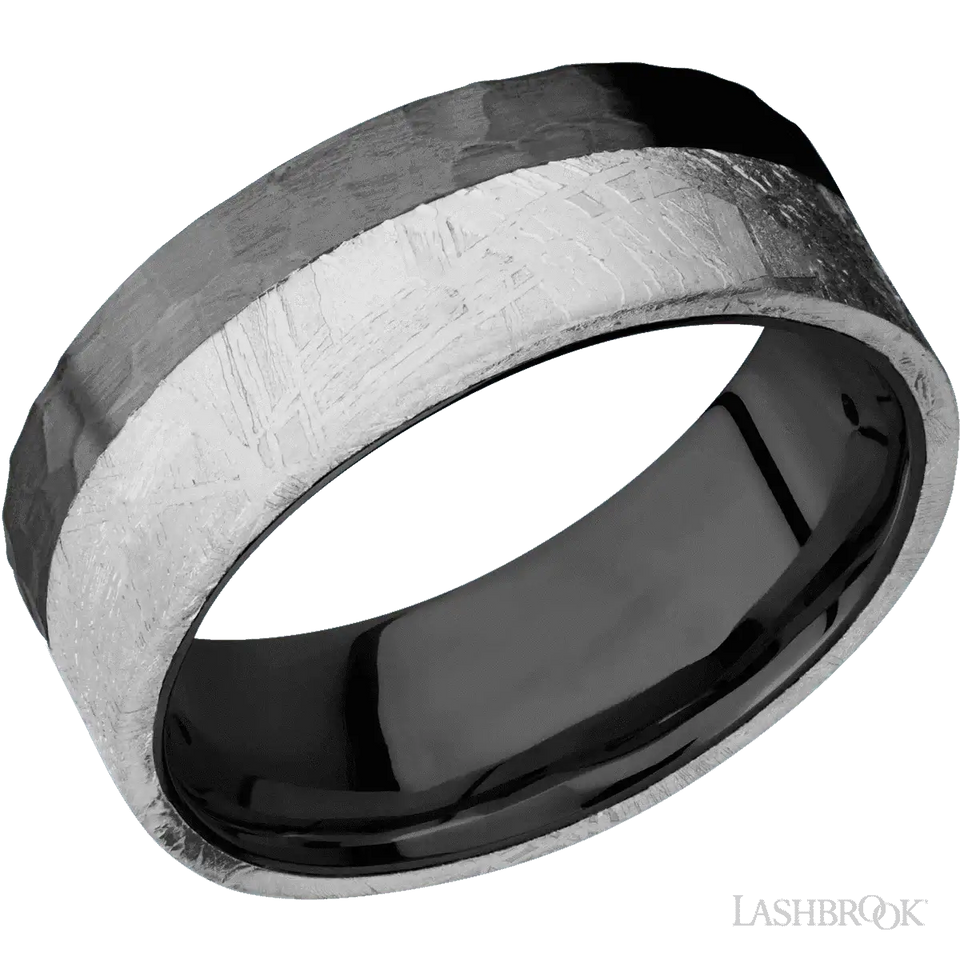 Black Zirconium flat band with an edge meteorite inlay Hammered Finish- 8MM - Larson Jewelers