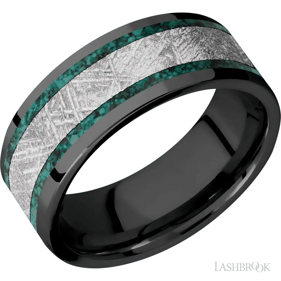 Zirconium with Polish Finish Chrysocolla Inlays - 8MM - Larson Jewelers