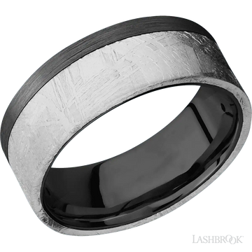 Black Zirconium flat band with an edge meteorite inlay - 8MM - Larson Jewelers