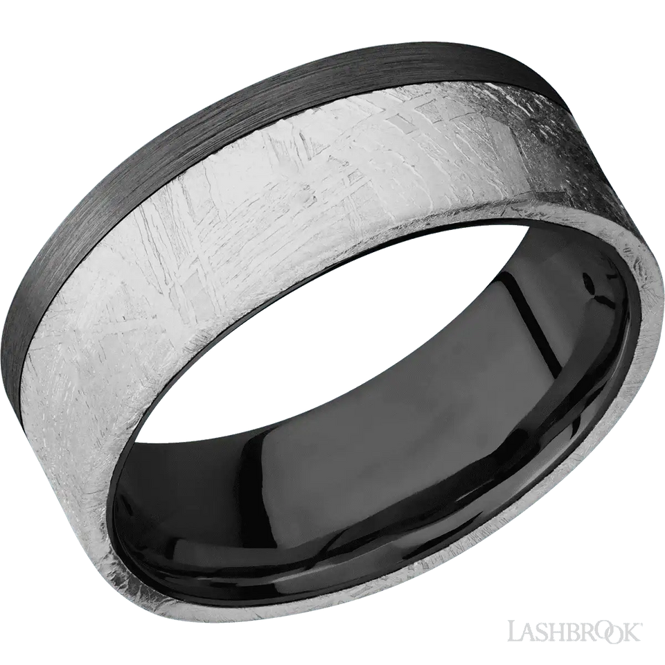 Black Zirconium flat band with an edge meteorite inlay - 8MM - Larson Jewelers