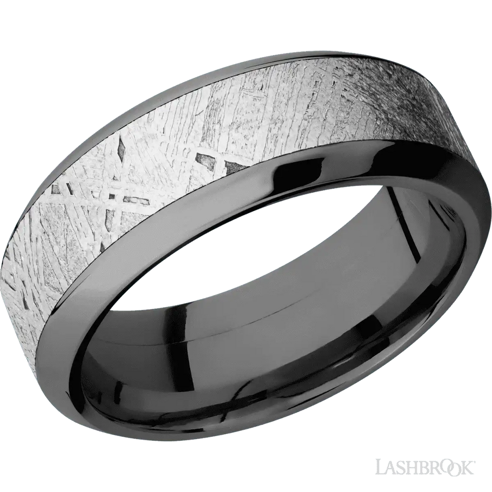 High Bevel Zirconium with Polish Finish and Meteorite Inlay - 8MM - Larson Jewelers