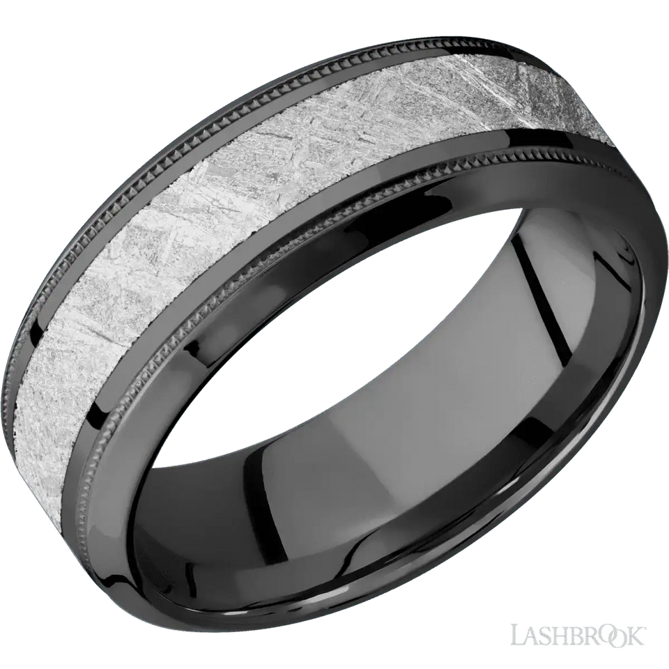 High Bevel Zirconium Band with Polish , Polish Finish and Meteorite Inlay - 8MM - Larson Jewelers