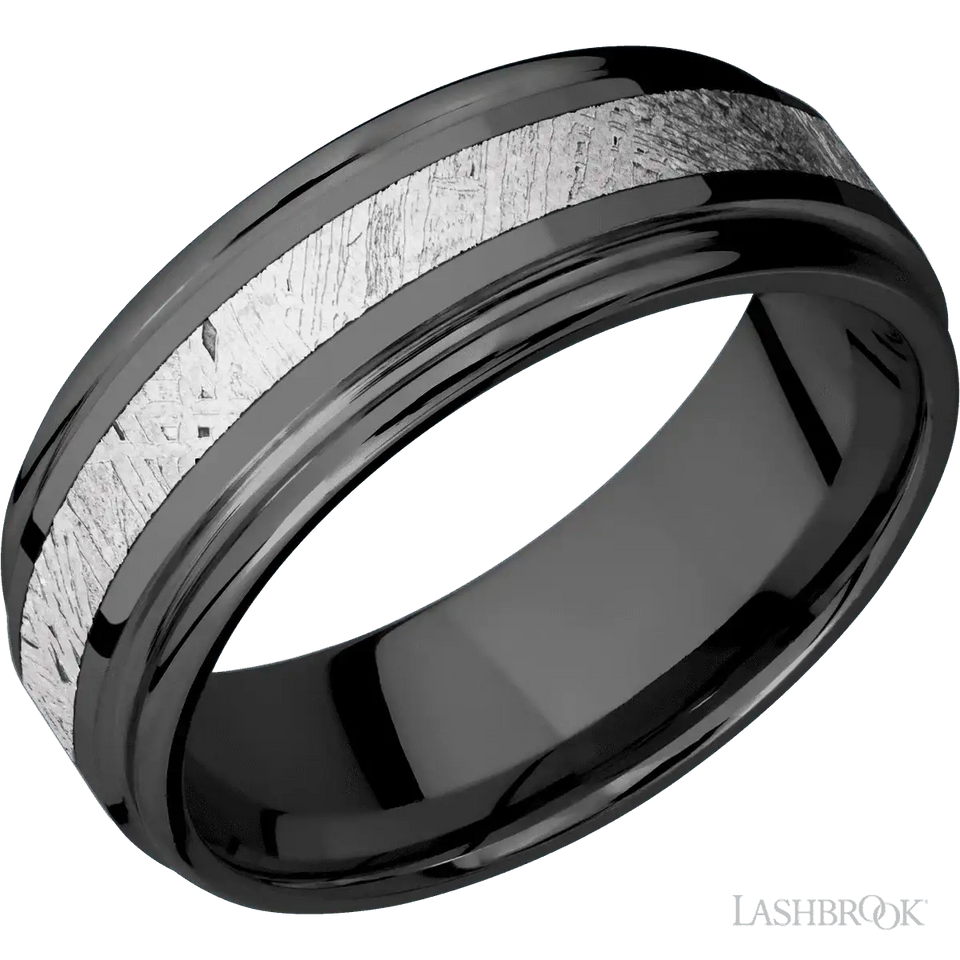 Zirconium Band with Polish , Polish Finish and Meteorite Inlay - 8MM - Larson Jewelers