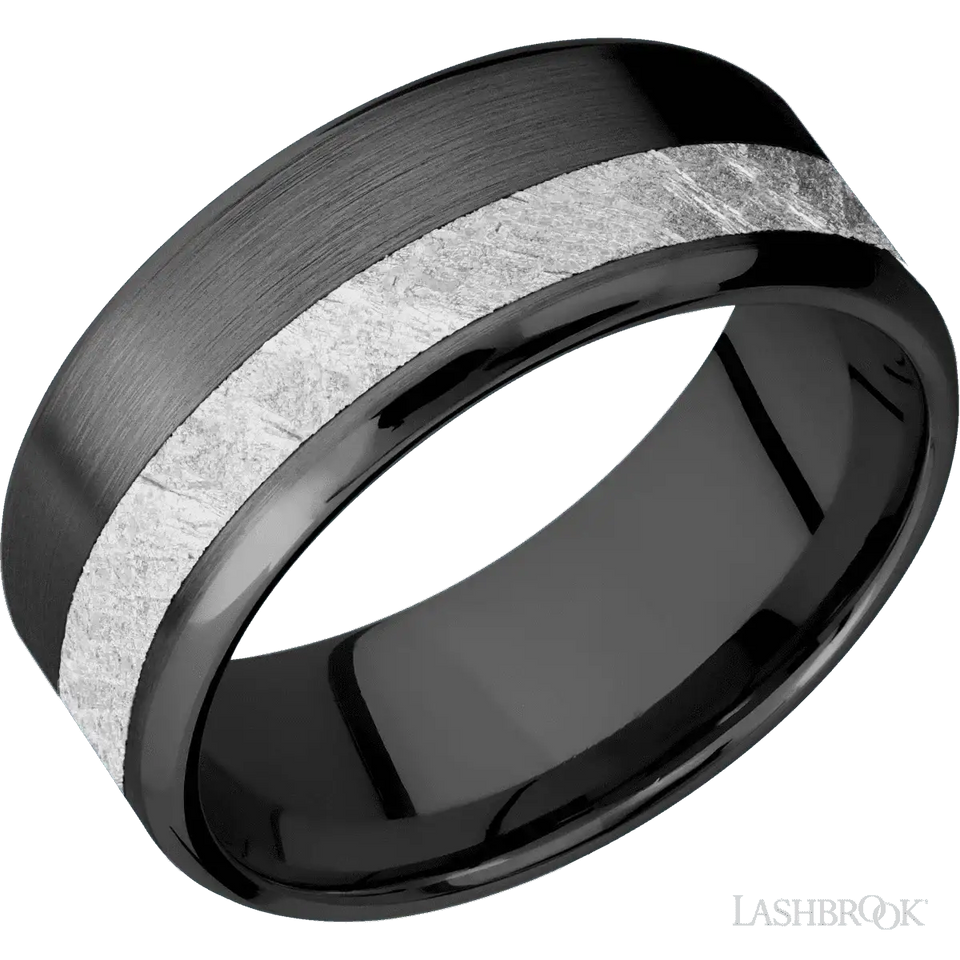Zirconium Band with Satin , Polish Finish and Meteorite Inlay - 9MM - Larson Jewelers