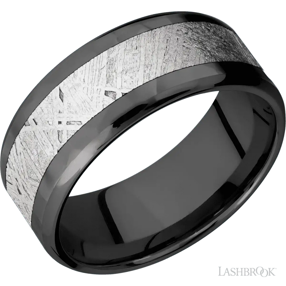 Zirconium with Rockpolish, Rockpolish Finish, and Meteorite Inlay - 9MM - Larson Jewelers