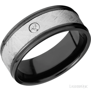 Black Zirconium flat band with milgrained grooved edges, a meteorite inlay and a diamond bezel set - 9MM - Larson Jewelers