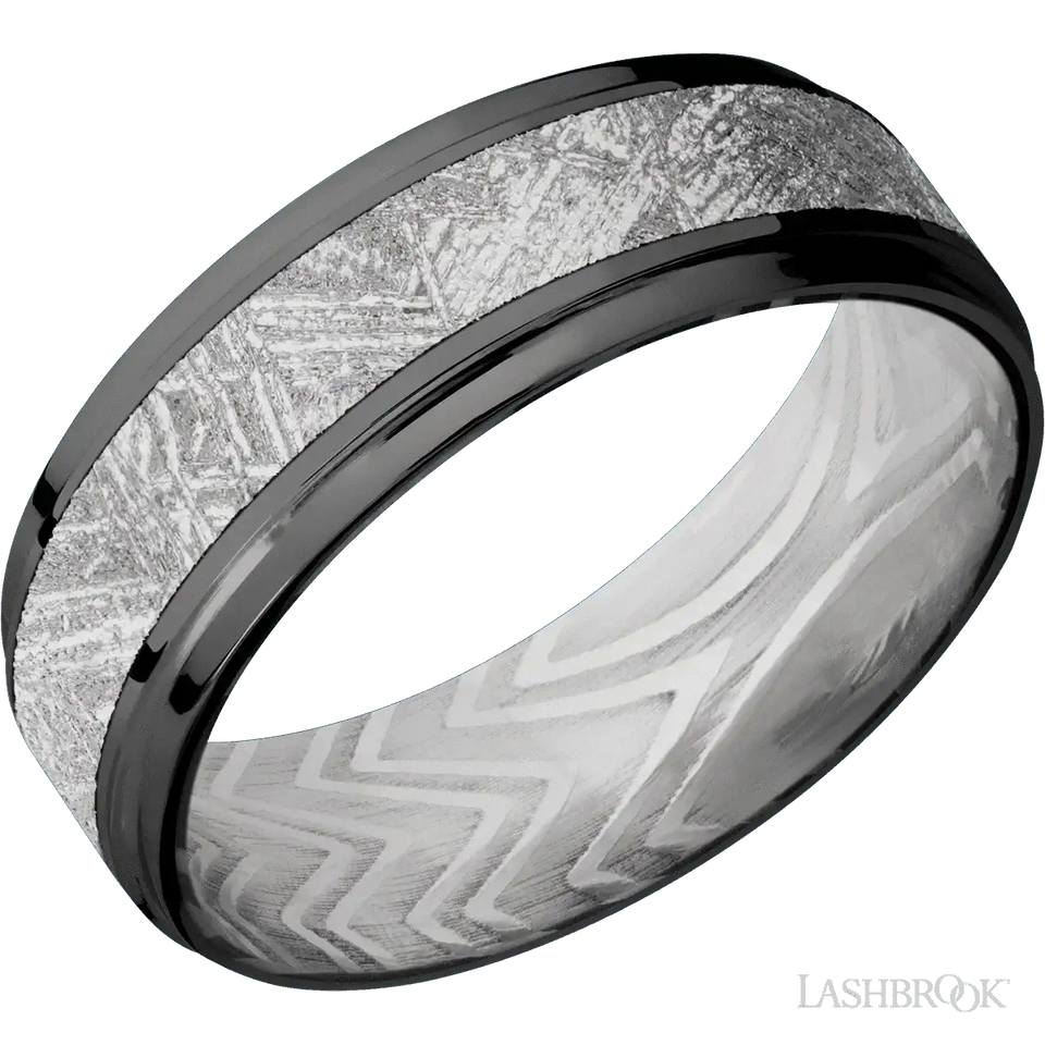 Zirconium with Polish , Polish Finish and Meteorite Inlay and Zebra - 7MM - Larson Jewelers