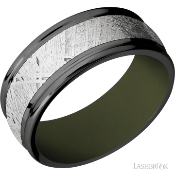 Zirconium with Polish Finish and Meteorite Inlay and Vintage Green - 9MM - Larson Jewelers