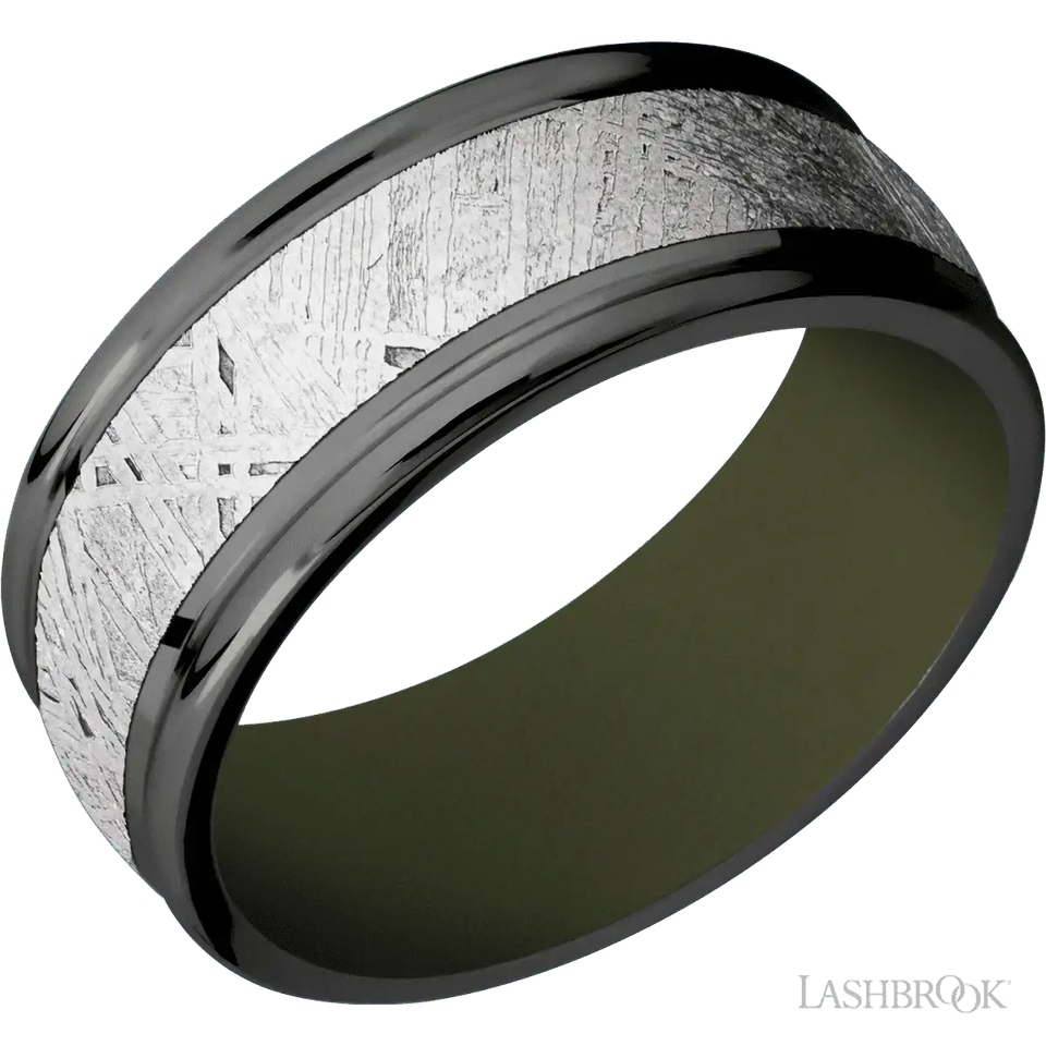 Zirconium with Polish Finish and Meteorite Inlay and Vintage Green - 9MM - Larson Jewelers