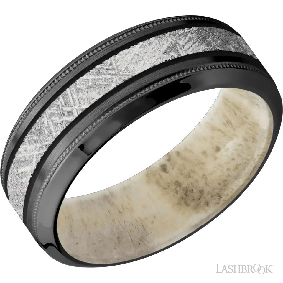 Zirconium with Satin , Polish Finish and Meteorite Inlay and Antler - 8MM - Larson Jewelers