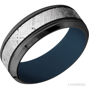 Zirconium with Satin , Polish Finish and Meteorite Inlay and Navy Blue - 8MM - Larson Jewelers