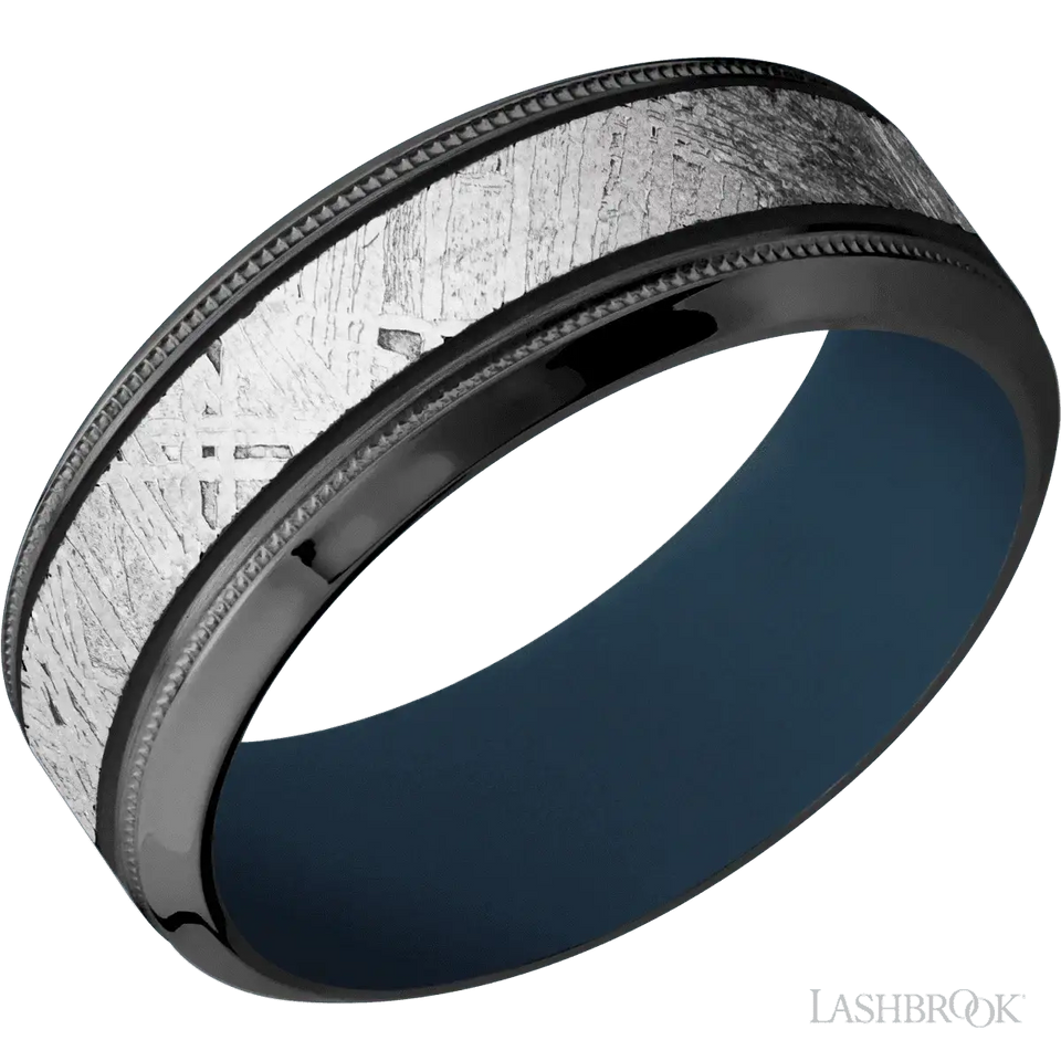 Zirconium with Satin , Polish Finish and Meteorite Inlay and Navy Blue - 8MM - Larson Jewelers