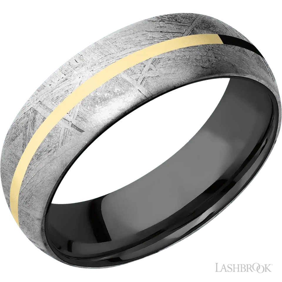 Meteorite with None Finish and 14K Yellow Gold Inlay and Zirconium - 7MM - Larson Jewelers