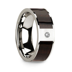 Men’s Polished 14k White Gold & Ebony Wood Inlaid Wedding Ring with Diamond Center - 8mm